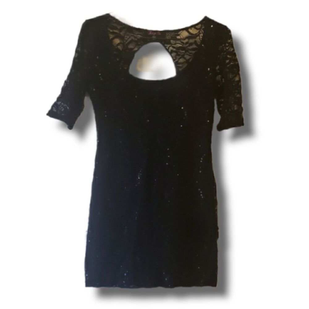 Reign On Womens Black Sequin Lace‎ Open Back Bodycon Mini Dress Large L